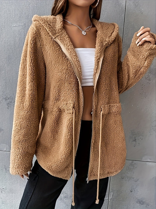 Teddyjacke mit Kapuze und Kordelzug für Frauen - Outdoor-Bekleidung mit Reißverschluss und lässig