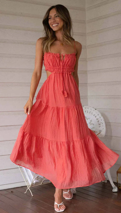 Ärmelloses Maxikleid mit Nähten und Rüschen