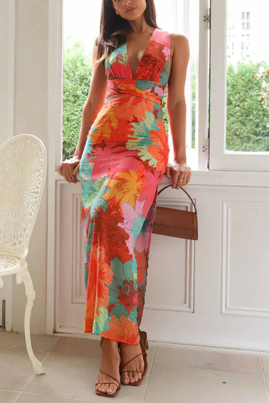 Maxikleid mit Print, V-Ausschnitt und hoher Taille