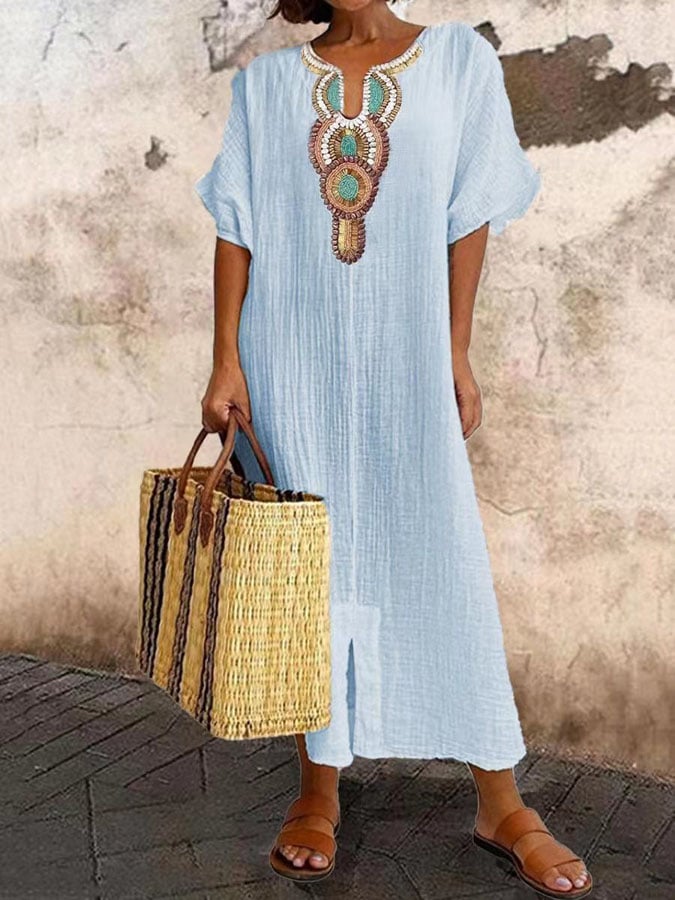 Giulette - Unifarbenes Damen-Kleid mit V-Ausschnitt und kurzen Ärmeln