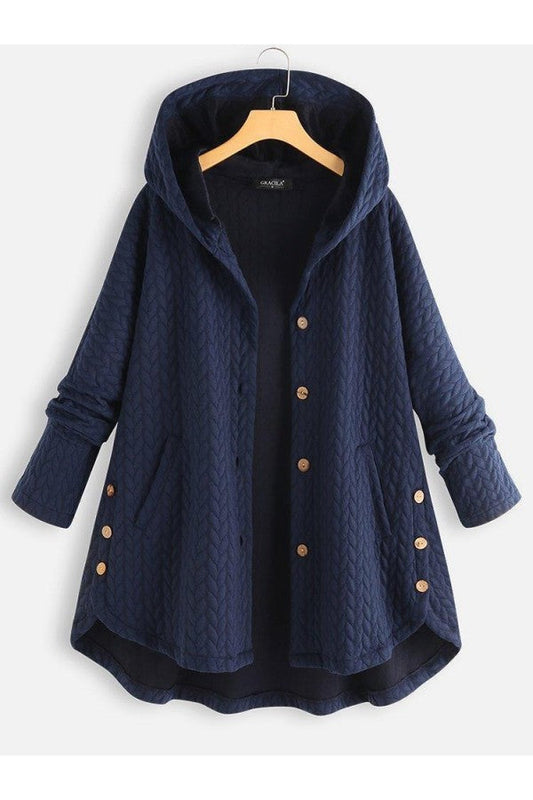 Kapuzenjacke für Damen mit langen Ärmeln und unregelmäßigem Saum - einfarbiger Stil mit Knöpfen