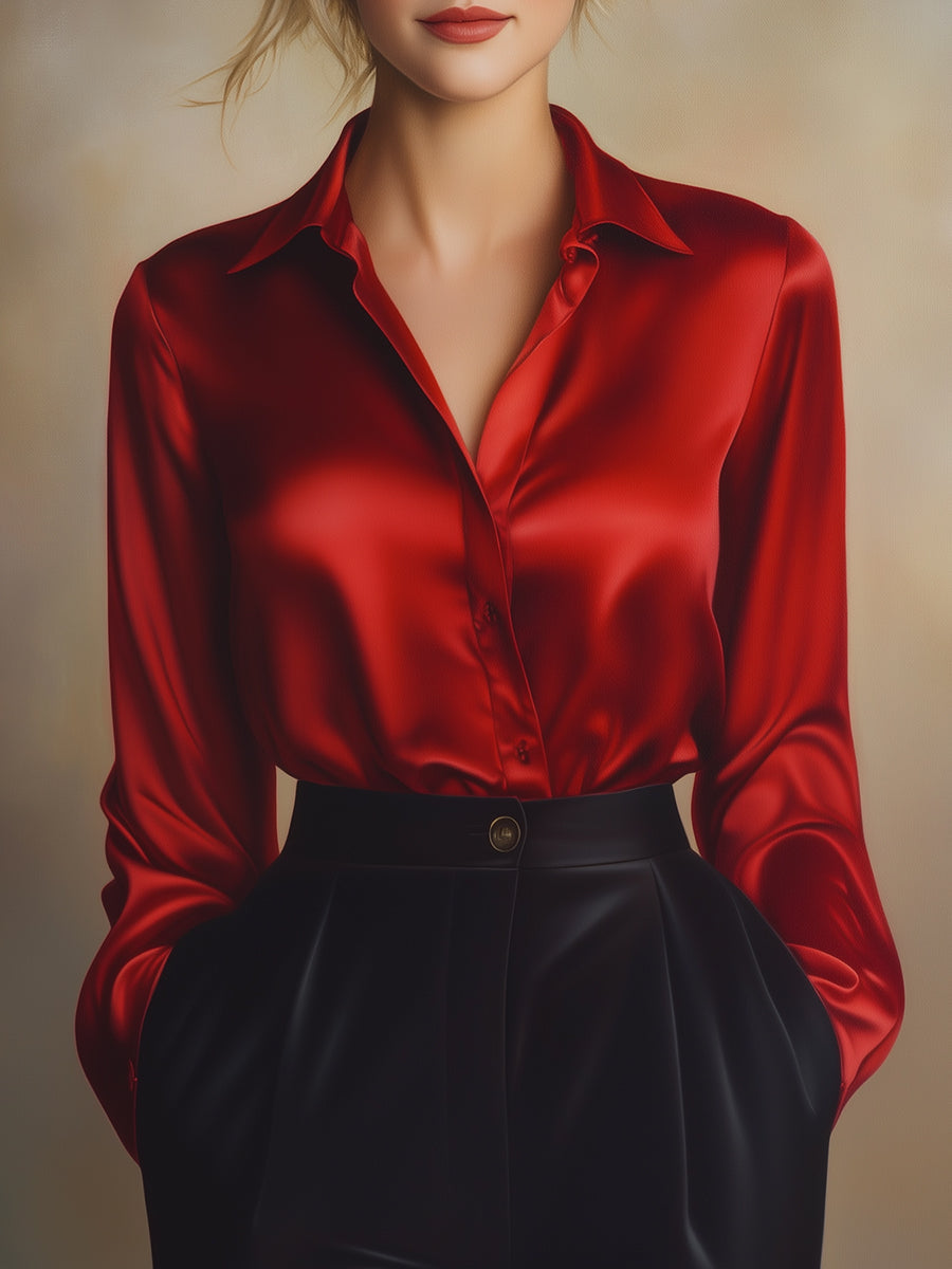 Elegante schwarze Satinbluse mit langen Ärmeln