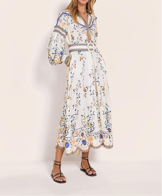 Langes Kleid mit langen Ärmeln und zartem, von der Natur inspiriertem Print