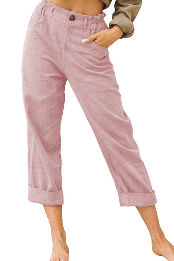 unifarbene Baumwolle und Leinen modische lockere Freizeithose mit hoher Taille