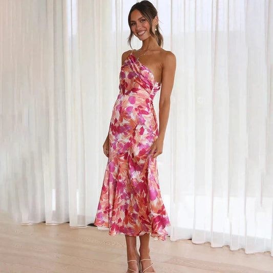 Midi-Kleid mit Blumenprint und asymmetrischem Muster mit einem Träger