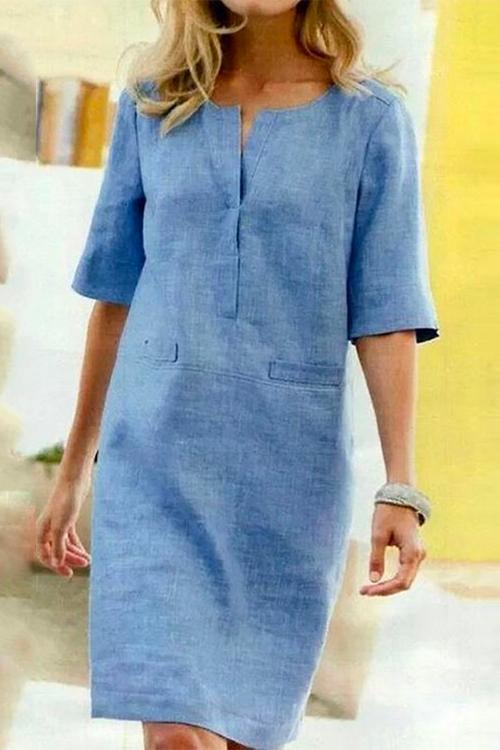 Kathy gerades Kleid aus Leinen und Baumwolle mit halben Ärmeln