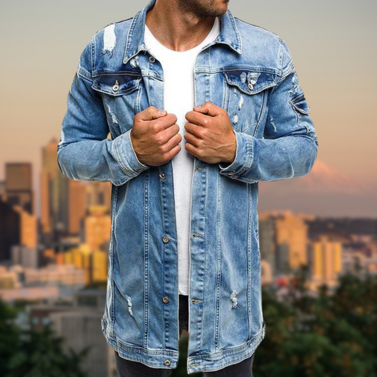 Zerrissene mittellange Denim-Jacke