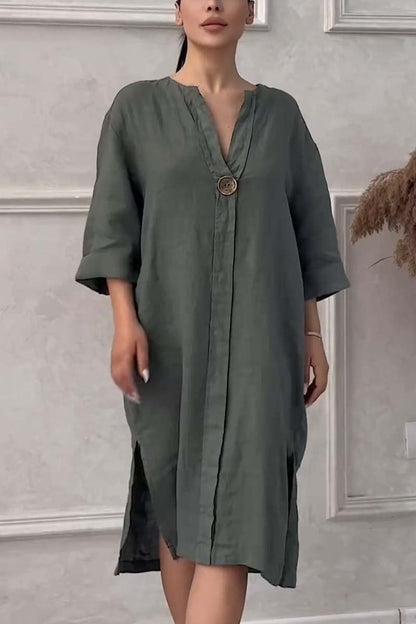 Freizeitkleid aus Baumwolle und Leinen mit Knopfverschluss