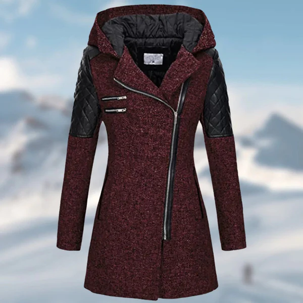 Isolierter Wintermantel mit Kapuze, Reißverschluss und Lederdetails