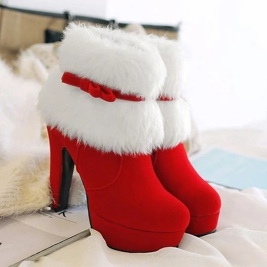 Rot-schwarze Winterstiefeletten mit hohen Absätzen für Frauen, perfekt für lässige Spaziergänge, Partys und Weihnachtsveranstaltungen - continuee Größen erhältlich