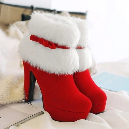 Rot-schwarze Winterstiefeletten mit hohen Absätzen für Frauen, perfekt für lässige Spaziergänge, Partys und Weihnachtsveranstaltungen - continuee Größen erhältlich