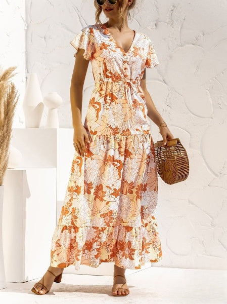 Emaline - Langes Kleid mit Blumendruck und V-Ausschnitt