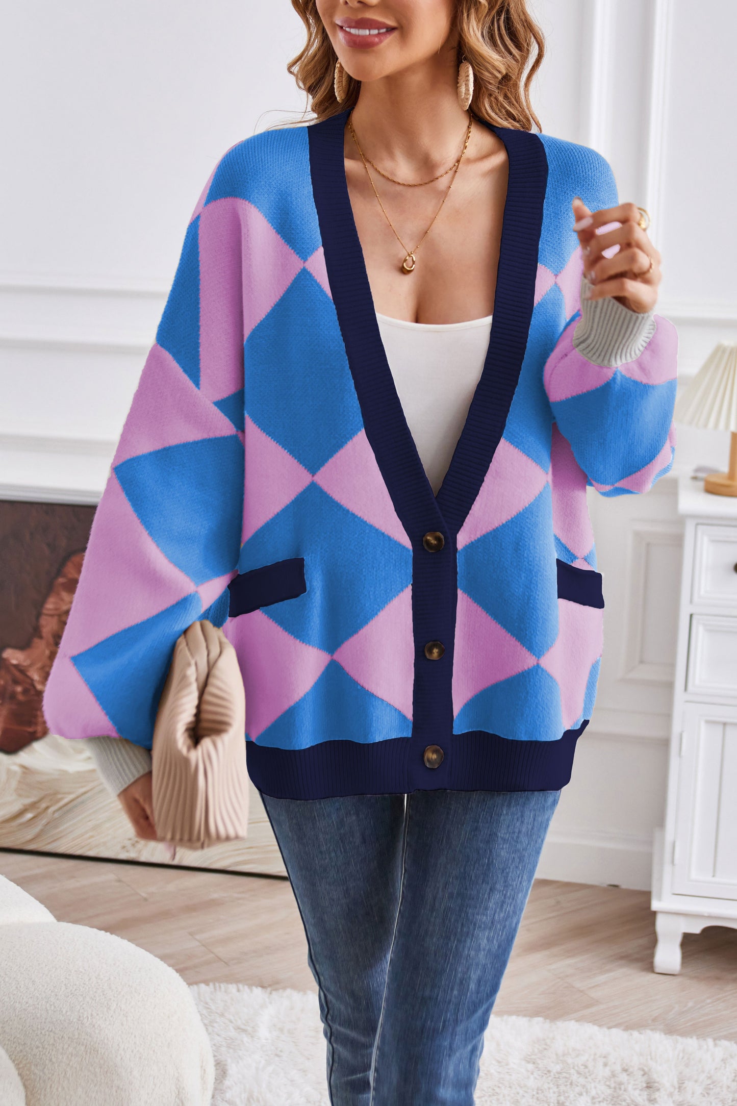 Patchwork-Weste mit V-Ausschnitt und Karos für Frauen