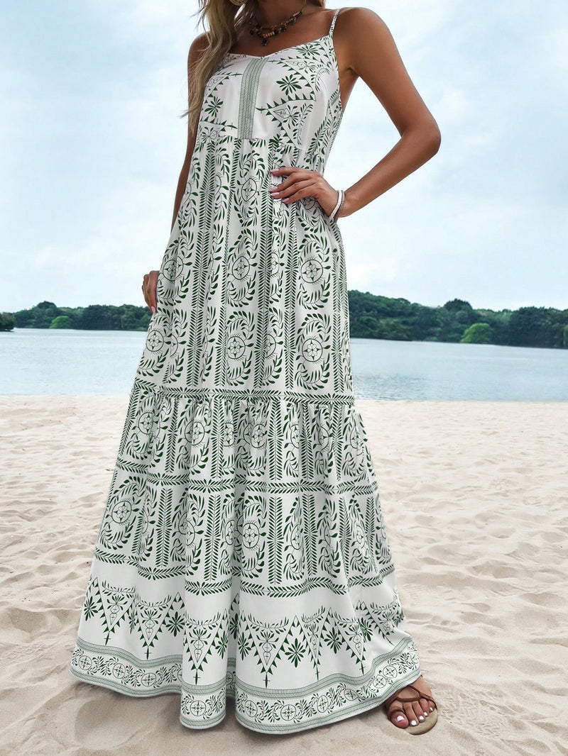 Tropical Vibes: Damenkleid mit gerafftem Saum und grünem Print
