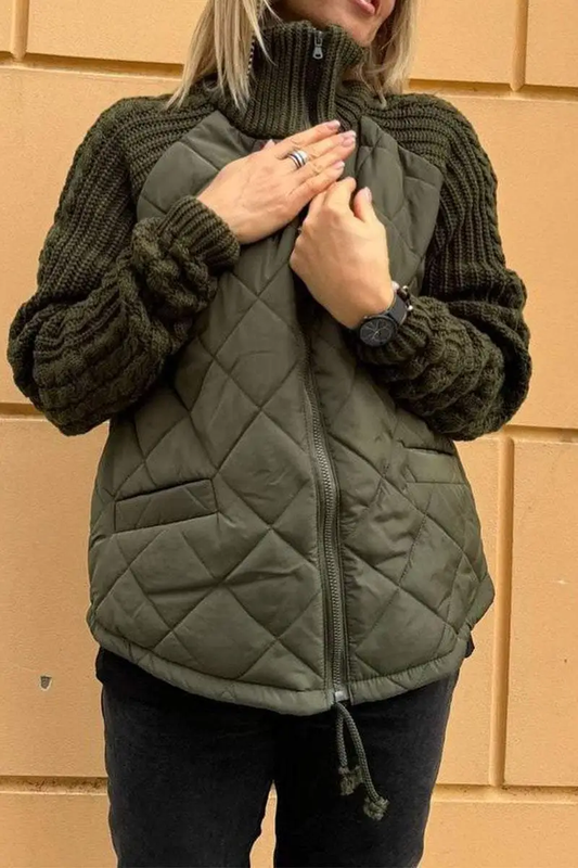 Einfarbige Patchwork-Strickjacke mit Reißverschluss für einen lässigen Stil
