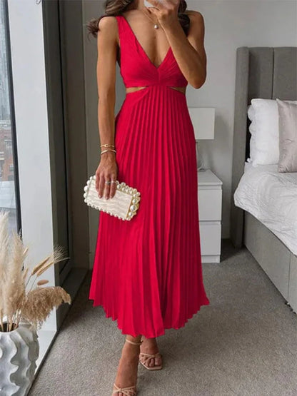 Elegantes ärmelloses Kleid mit offenem Rücken und charmantem, raffiniertem Design für Anlässe bei warmem Wetter