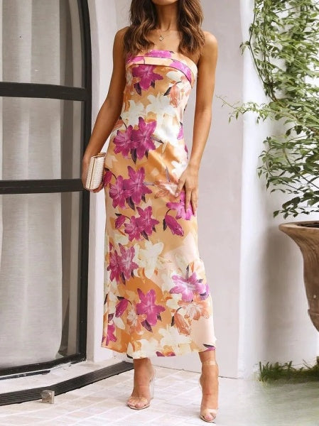 Jenesis - Kleider Blumendruck Langes, tailliertes Bandeau-Kleid
