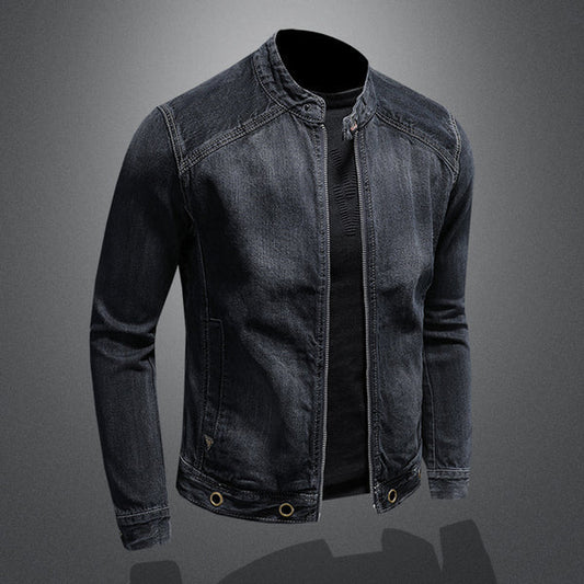 Dunkelblaue Jeansjacke mit Stehkragen und Reißverschluss - Retro-Stil für Männer