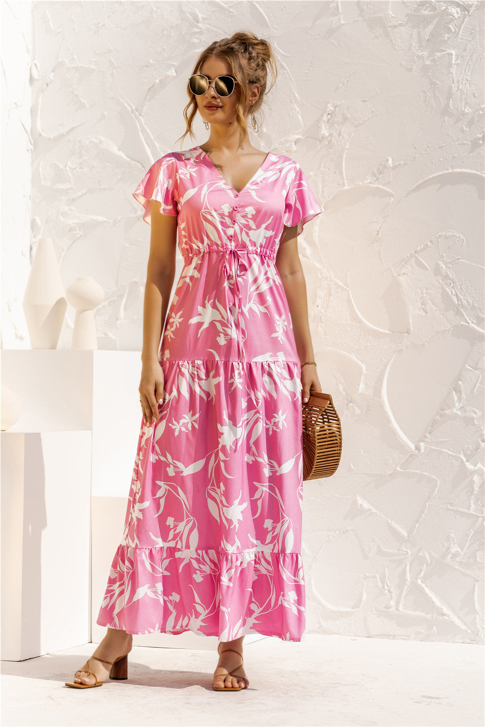 Langes Kleid mit Blumenprint, Knöpfen und Spitze, V-Ausschnitt und kurzen Ärmeln, Frühjahr/Sommer