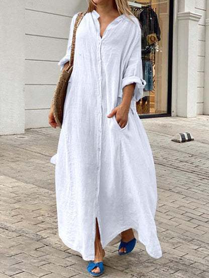 Lockeres, lässiges, einfarbiges Taschenkleid mit einer Knopfleiste und langen Ärmeln
