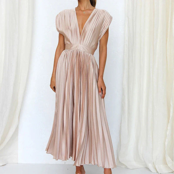 Plissiertes Midikleid mit V-Ausschnitt und eleganten kurzen Ärmeln
