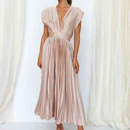 Plissiertes Midikleid mit V-Ausschnitt und eleganten kurzen Ärmeln