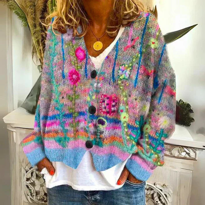 Damen Strickjacke mit Blumenknöpfen