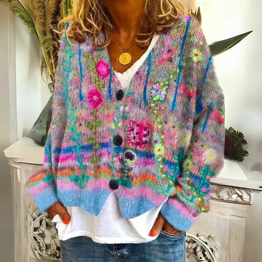 Damen Strickjacke mit Blumenknöpfen