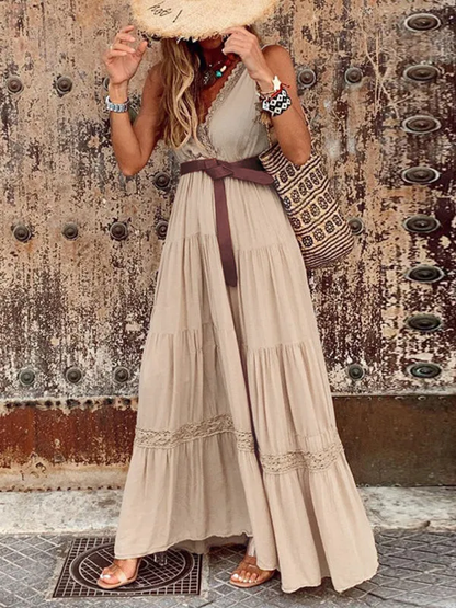 Neues Maxikleid im französischen Stil mit hoher Taille und V-Ausschnitt mit Nähten und Midi-Länge