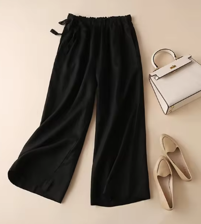 Verena - Hose mit geradem Bein, khakifarbener Schleife und Gummizug in der Taille