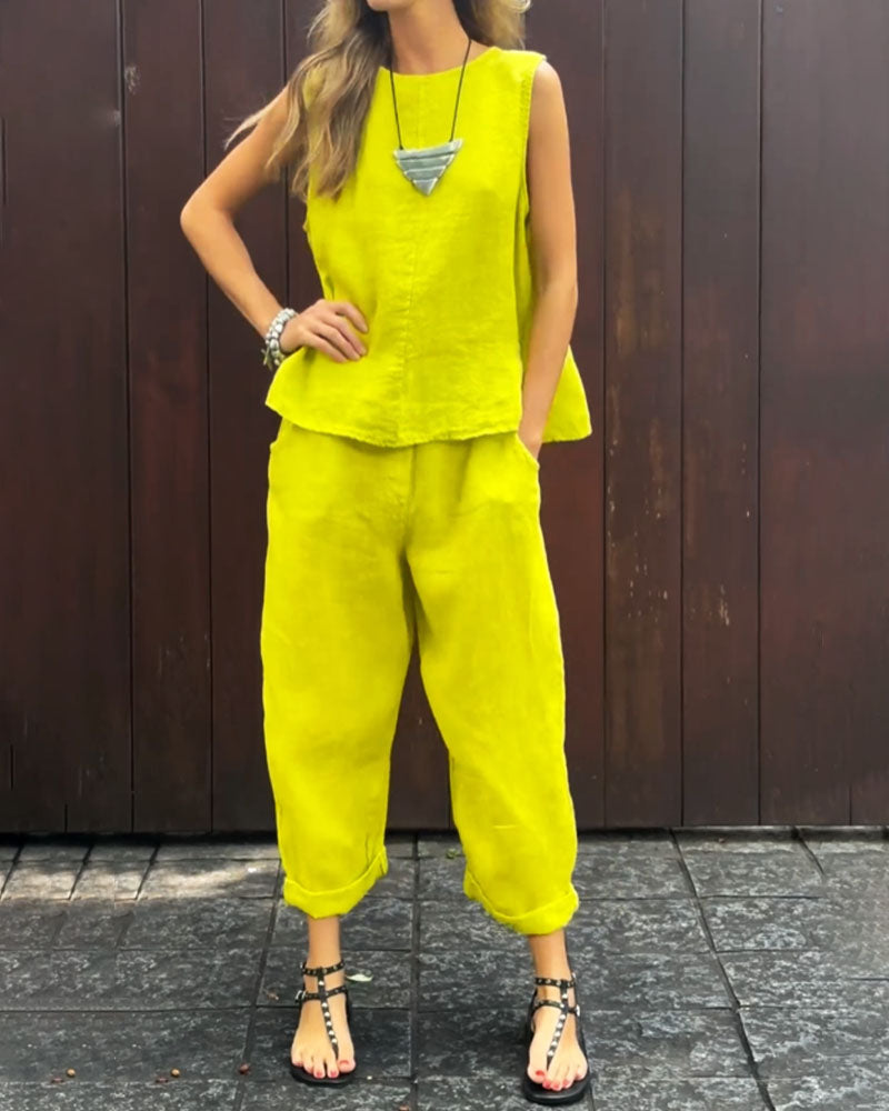Zweiteiliges Set aus ärmelloser Weste und Hose aus Baumwoll-Leinen, unifarben