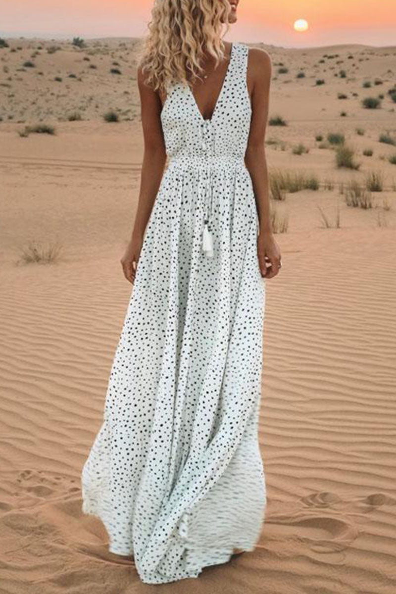 Sariah - Patchwork-Kleider mit V-Ausschnitt und Tupfen im böhmischen Trapez-Stil