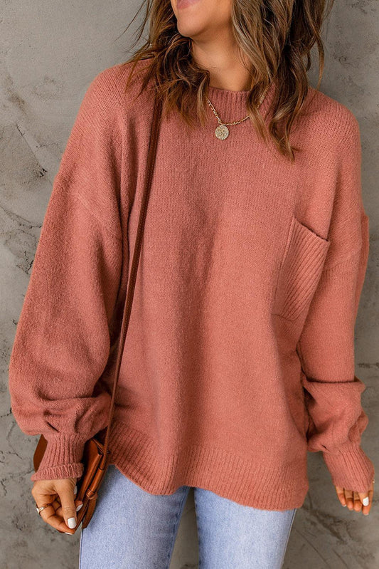 Strickpullover mit Laternenärmeln und Taschen - geripptes Detail