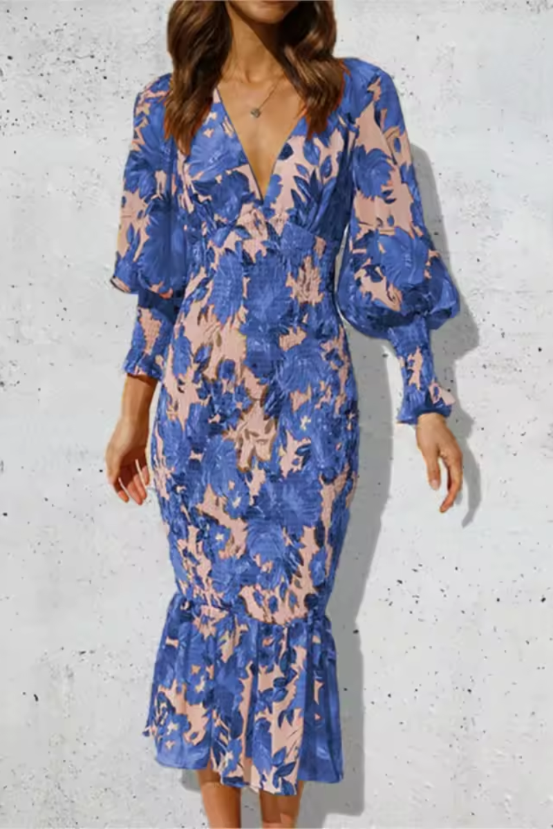 Serena | Bedrucktes Fischschwanzkleid mit V-Ausschnitt für Damen