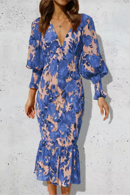 Serena | Bedrucktes Fischschwanzkleid mit V-Ausschnitt für Damen