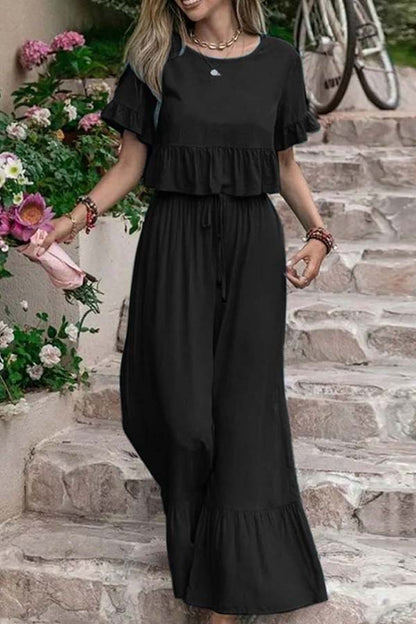 Casual lockere einfarbige Hose mit kurzen Ärmeln und weiten Beinen Zweiteiliges Set