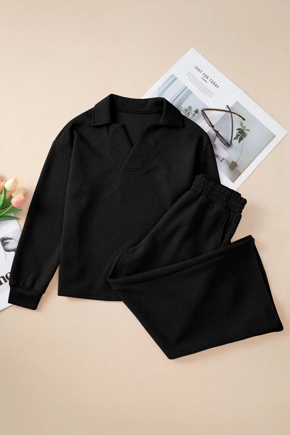 Lila - Texturiertes Ensemble mit langen Ärmeln und Hose mit Kordelzug für Frauen