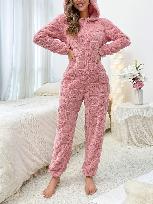 Amara - Rosa Kuscheliger Nachtanzug mit Kapuze und Jacquard-Herzmuster für Frauen