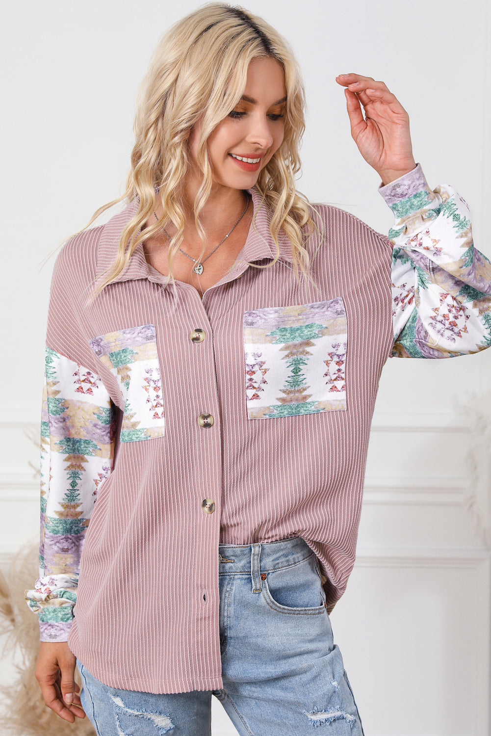 Aureen | Boho rosa Cord-Hemdjacke