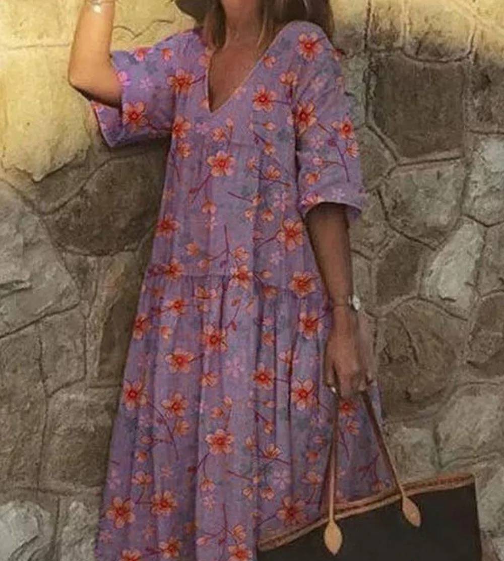 Lässiges Kleid mit V-Ausschnitt und Blumendruck