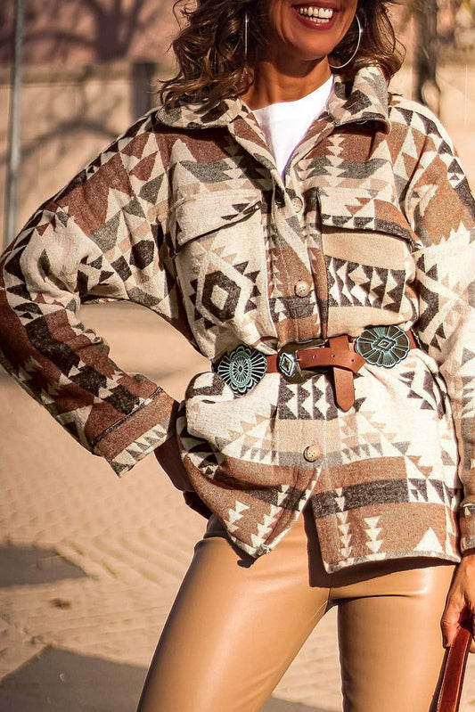 Kamilla | Retro Braun Geometrischer Druck Jacke