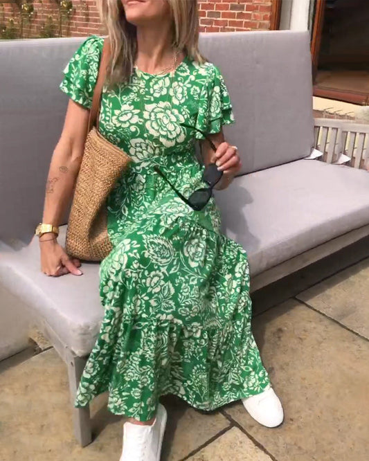 Kurzärmeliges langes Kleid mit Blumendruck