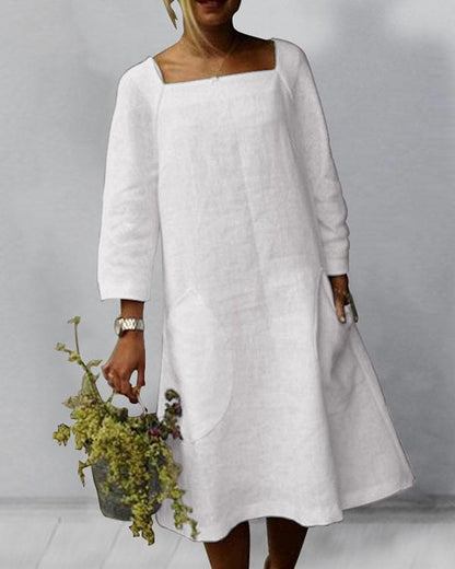 Shaniqua - Schlichtes Midikleid aus Leinen mit 3/4 Ärmeln und quadratischem Ausschnitt