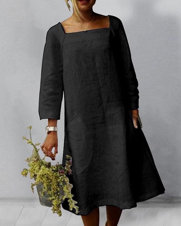 Shaniqua - Schlichtes Midikleid aus Leinen mit 3/4 Ärmeln und quadratischem Ausschnitt