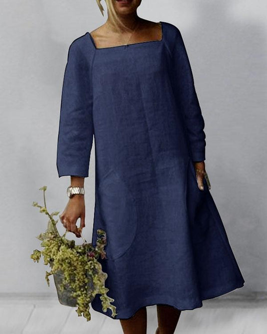 Shaniqua - Schlichtes Midikleid aus Leinen mit 3/4 Ärmeln und quadratischem Ausschnitt