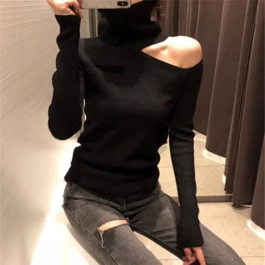 Eleganter schulterfreier Strickpullover für Frauen - Rollkragenpullover mit langen Ärmeln