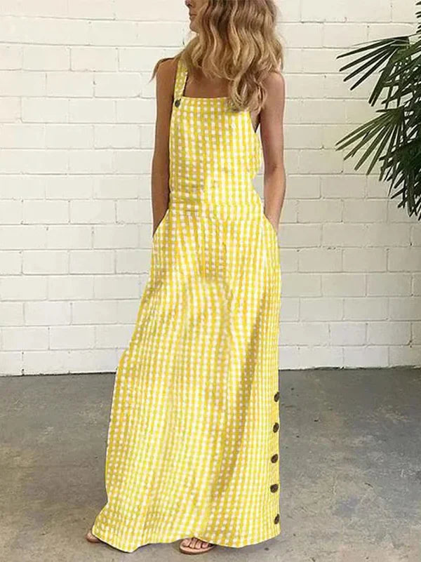 Ärmelloses Kleid mit Print, Knöpfen und Taschen