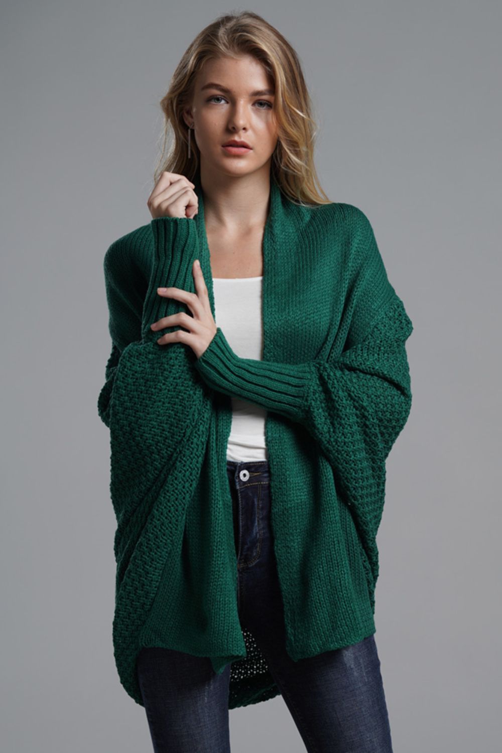 Liana - Lange offene Strickjacke mit Dolman-Ärmeln für Damen