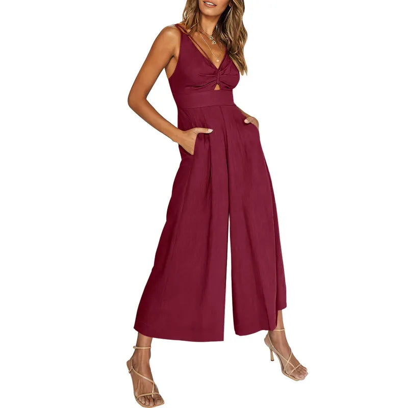 2024 neuer Jumpsuit mit V-Ausschnitt und weitem Bein