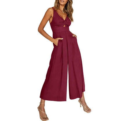 2024 neuer Jumpsuit mit V-Ausschnitt und weitem Bein